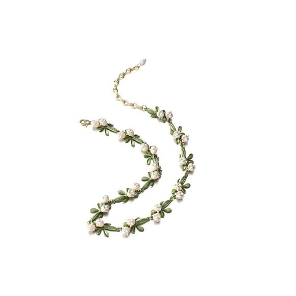 White Floral Leaf Necklace Trendy Alloy Enamel Lily Valley Gold Color Choker NEW - Picture 4 of 5